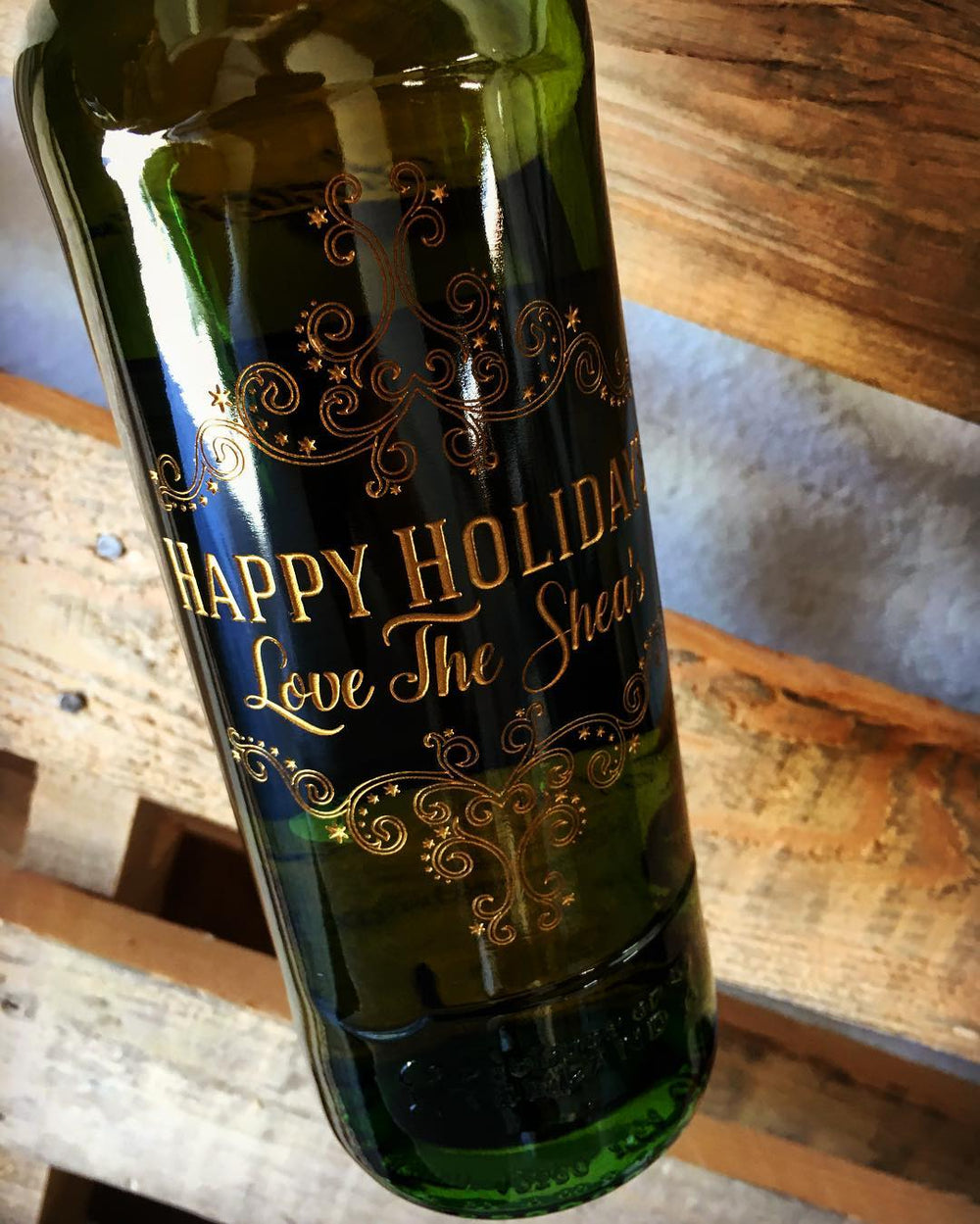 Happy Holidays custom whiskey bottle by Etching Expressions