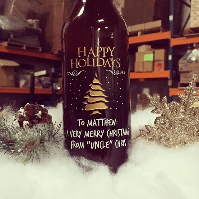 Happy Holidays custom etched wine bottle with Christmas tree design