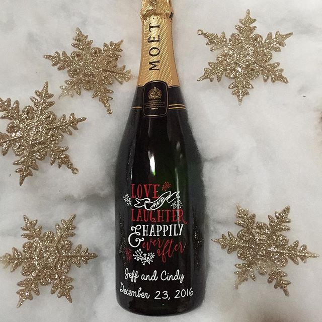 Christmas wedding custom champagne bottle by Etching Expressions