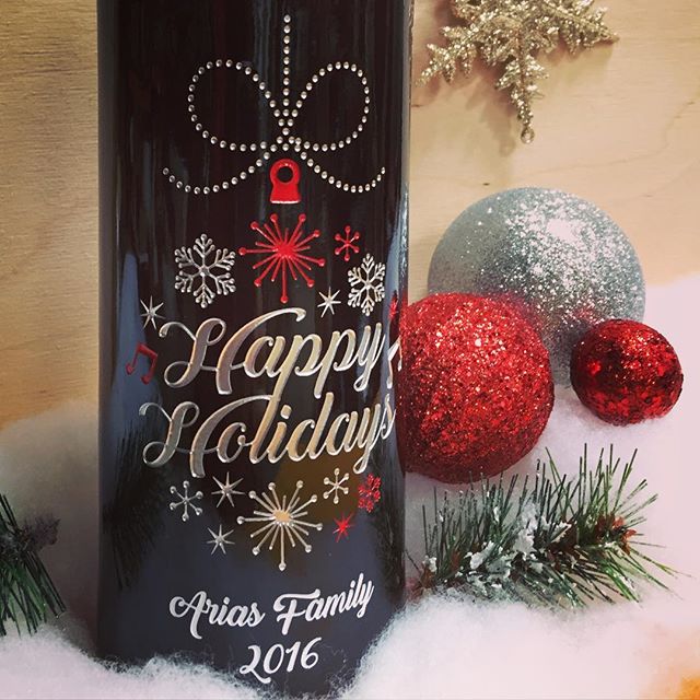 Happy Holidays custom wine bottle with ornaments design by Etching Expressions