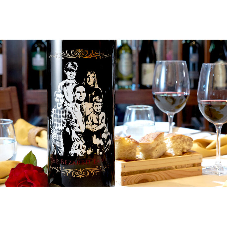father's day wine bottle etched with picture of family