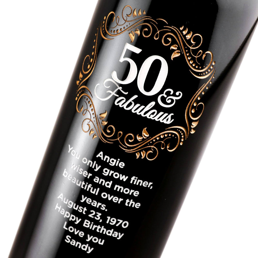 Fifty and Fabulous with Gold Pedigree Custom Etched Wine Bottle 50th Birthday Gift by Etching Expressions