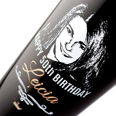 closeup of personalized photo etching on wine bottle by Etching Expressions