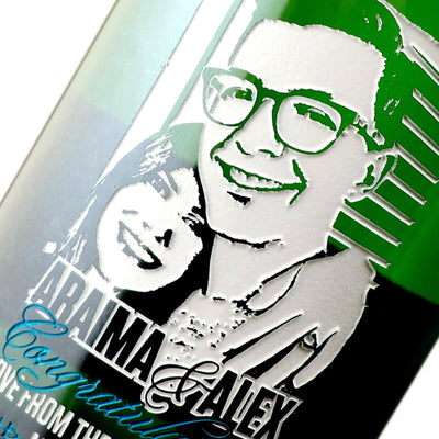 Custom photos engraved on Champagne engagement gift by Etching Expressions