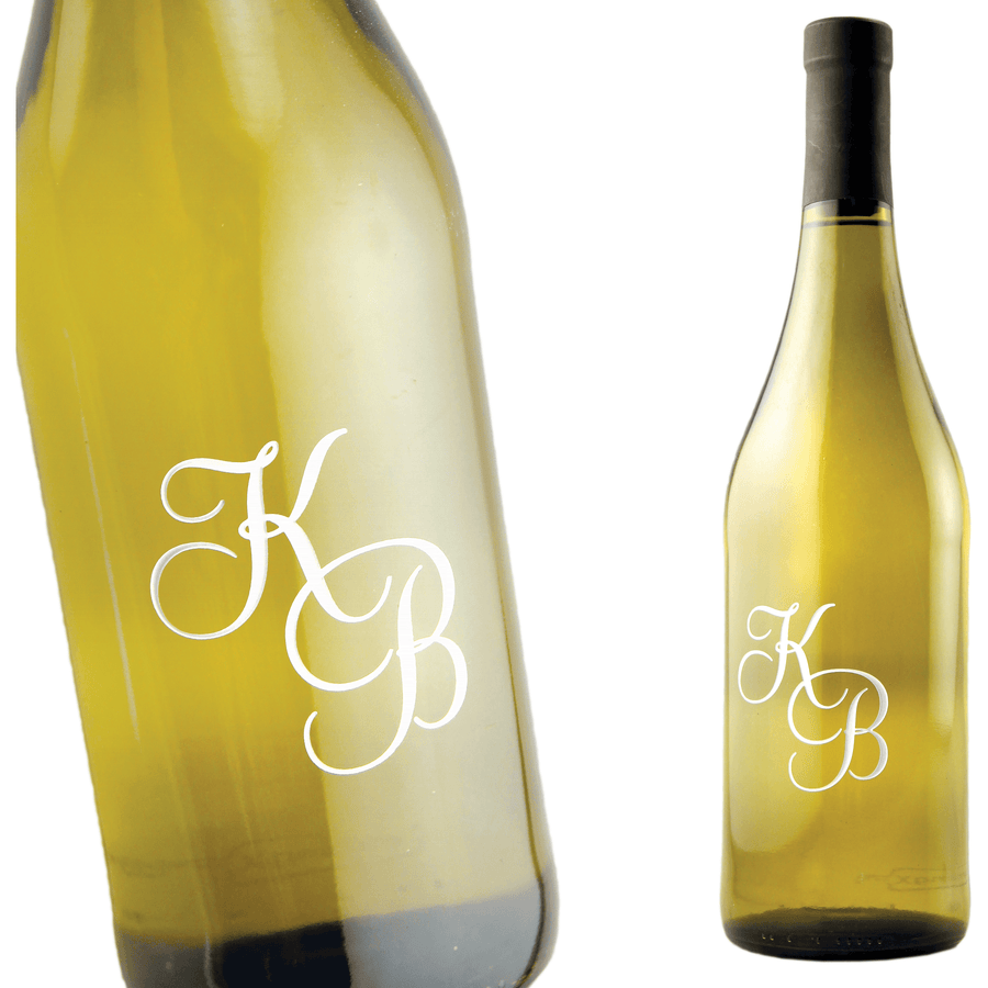 monogram etched white wine bottle by Etching Expressions
