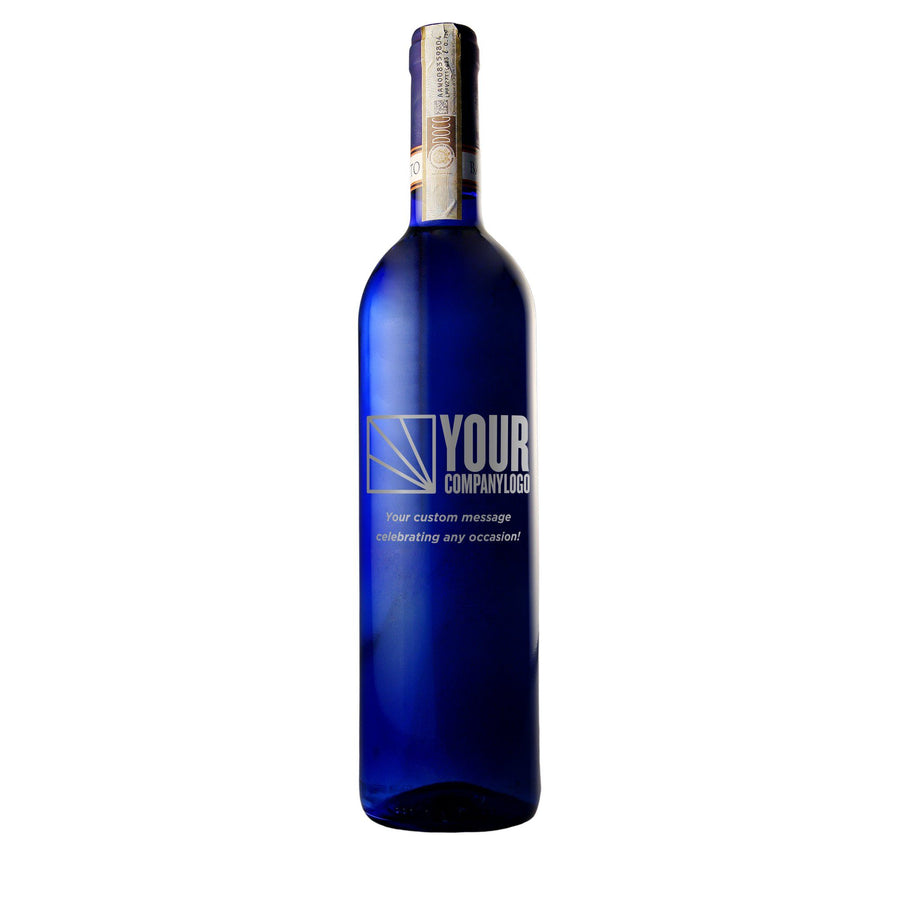 Personalized blue wine bottle with etched company logo by Etching Expressions