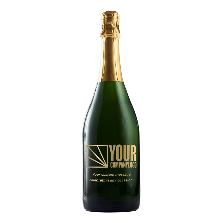Custom champagne bottle with etched company logo by Etching Expressions
