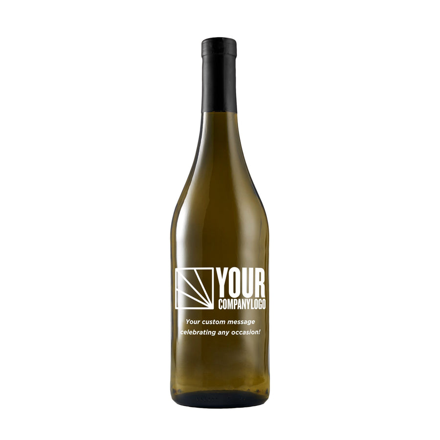 Custom white wine bottle with etched company logo by Etching Expressions