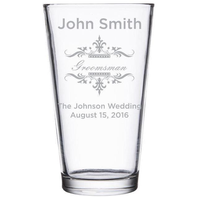 Groomsman elegant design personalized pint glass wedding favor by Etching Expressions