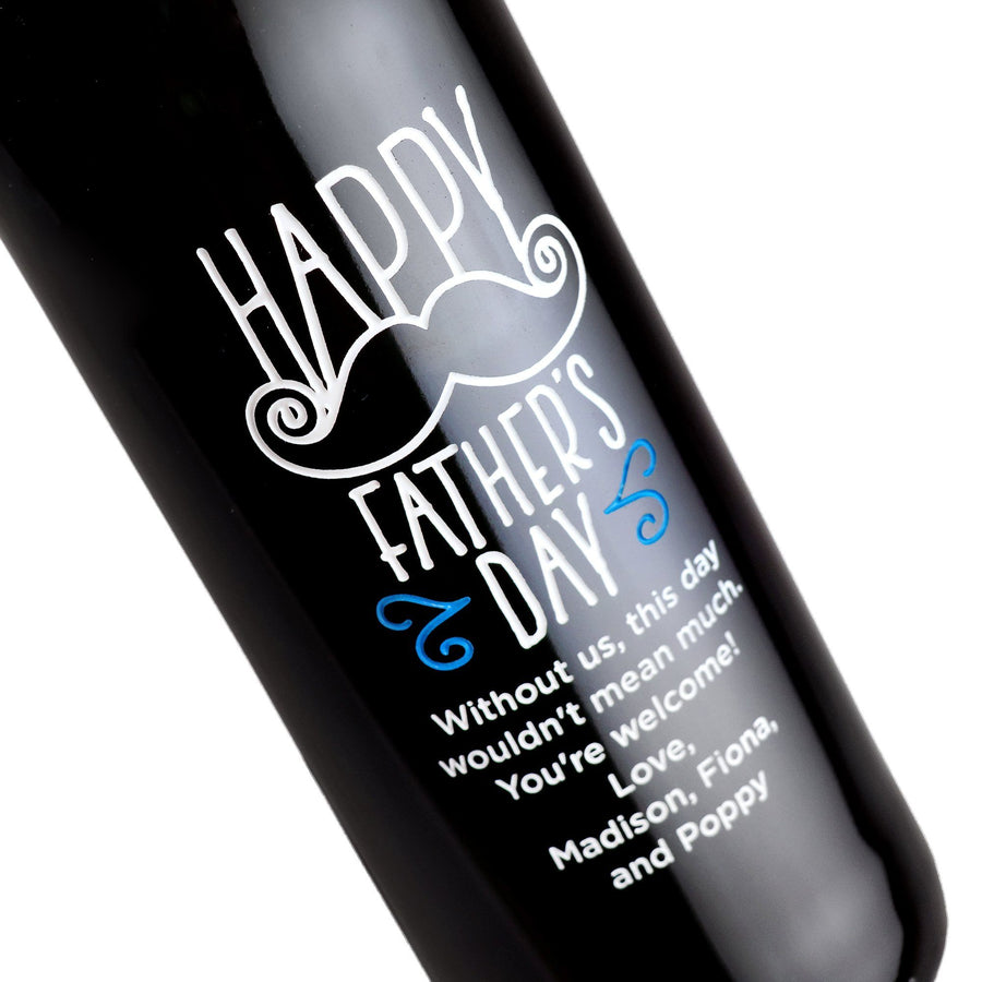 Happy Father's Day with a mustache design custom wine bottle by Etching Expressions