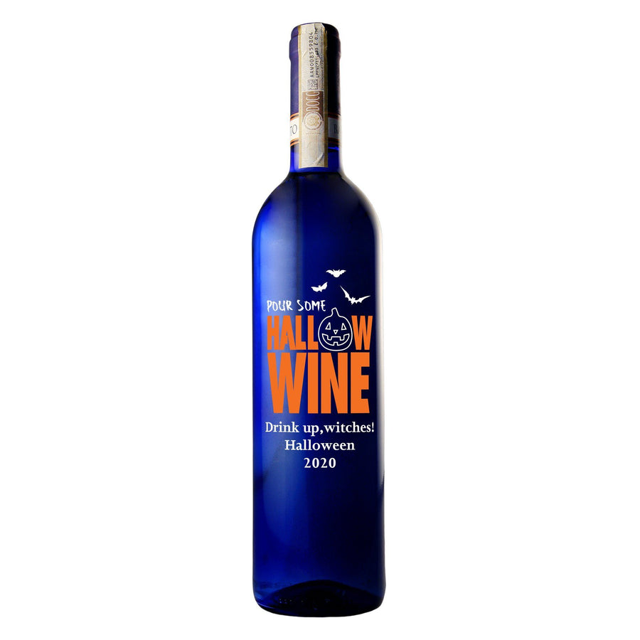 Pour some Hallow-wine custom etched blue wine bottle Halloween gift by Etching Expressions