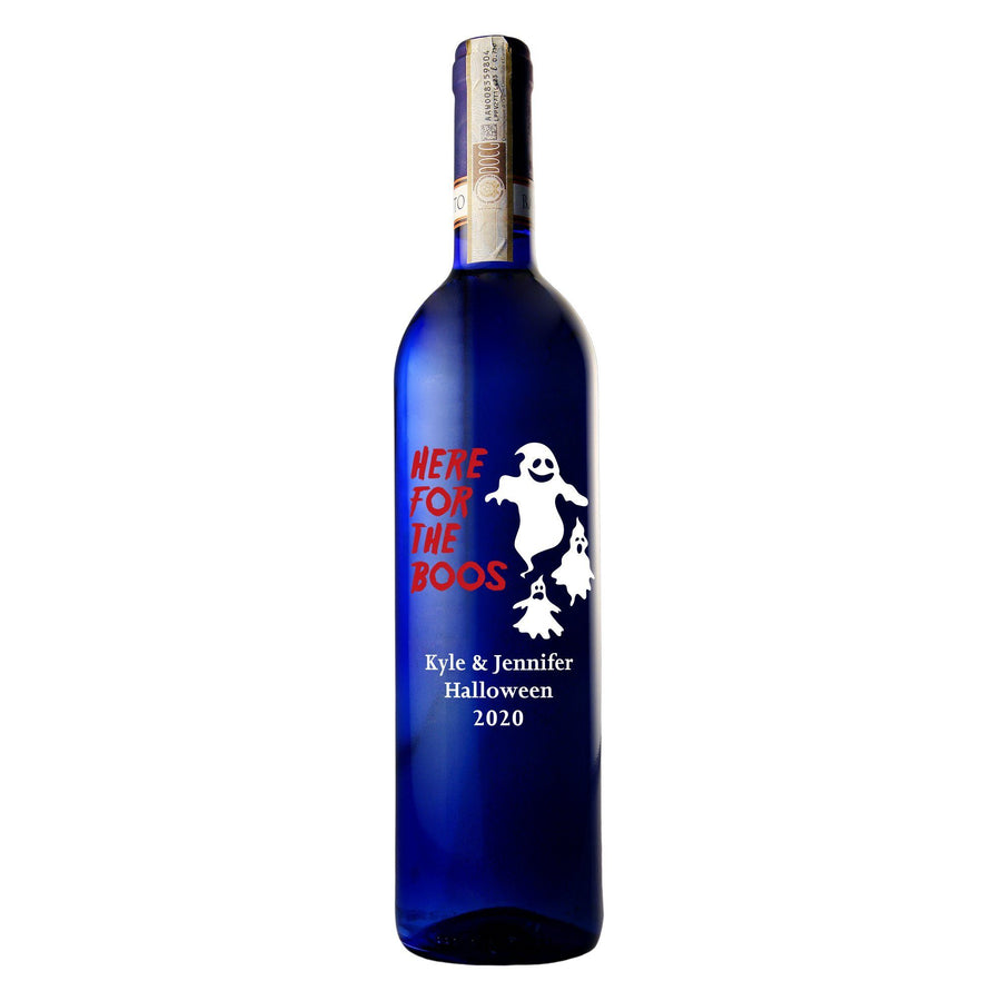 Here for the Boos custom etched blue wine bottle Halloween gift by Etching Expressions