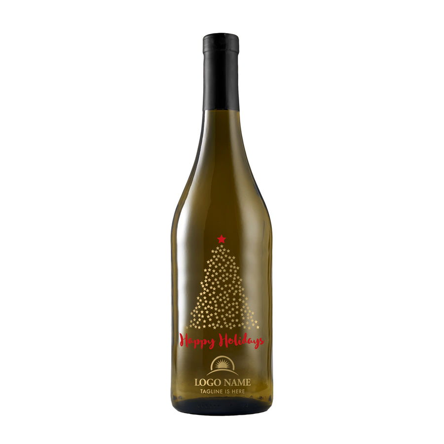 Happy Holidays starry Christmas tree corporate white wine gift by Etching Expressions