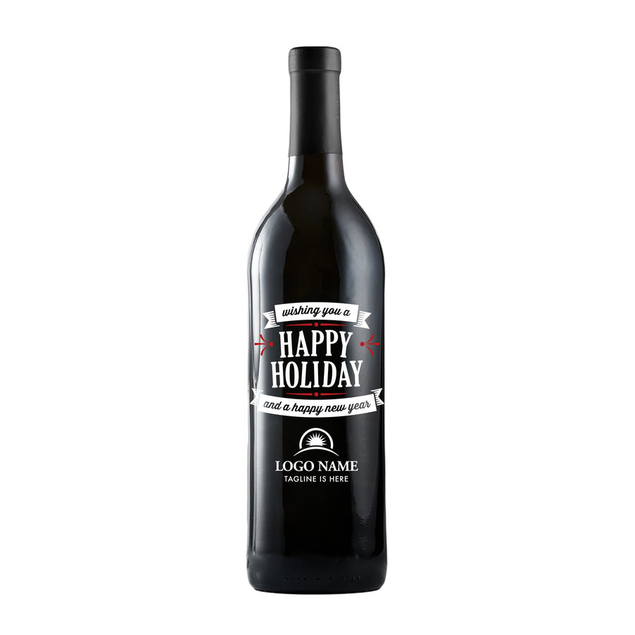 Wishing You a Happy Holiday with company logo wine gift by Etching Expressions