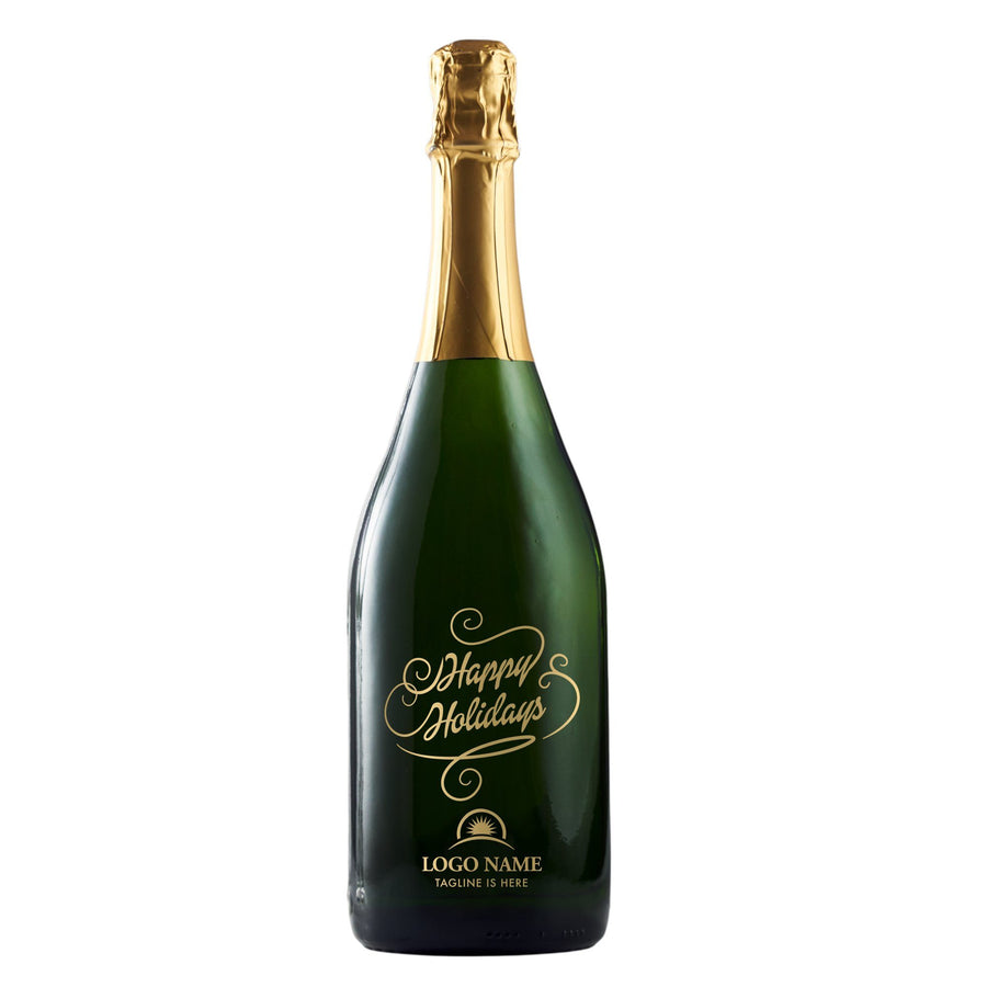 Happy Holidays in script on champagne bottle company holiday gift by Etching Expressions