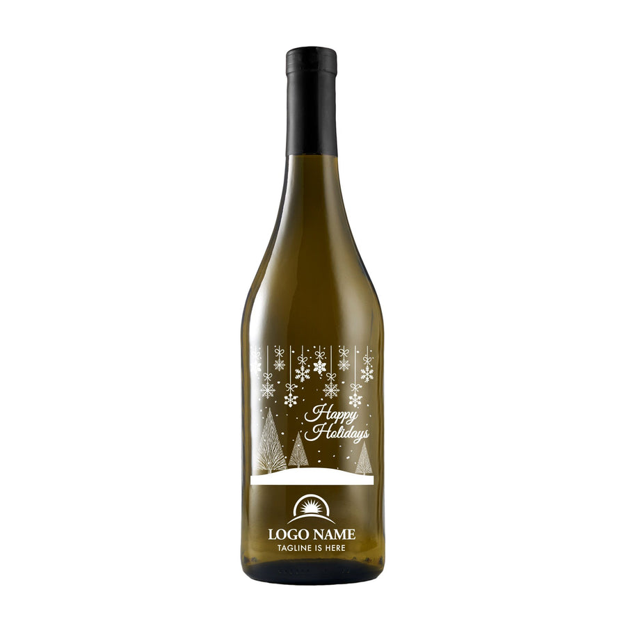 Happy Holidays winter scene etched company holiday white wine gift by Etching Expressions