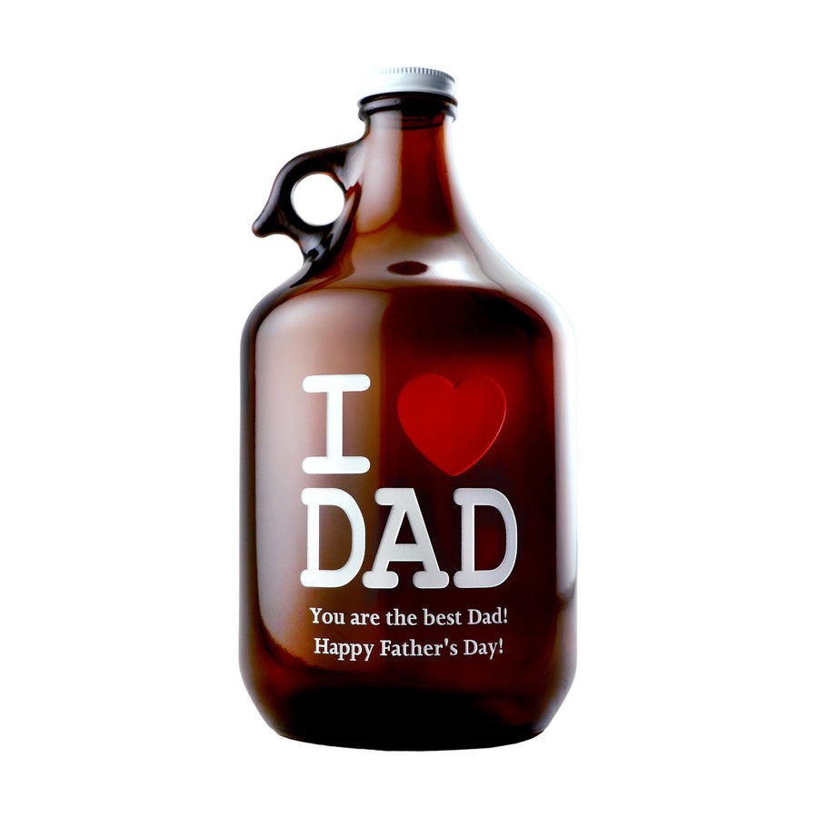 I Love Dad with heart custom engraved beer growler Father's Day gift detailed closeup by Etching Expressions