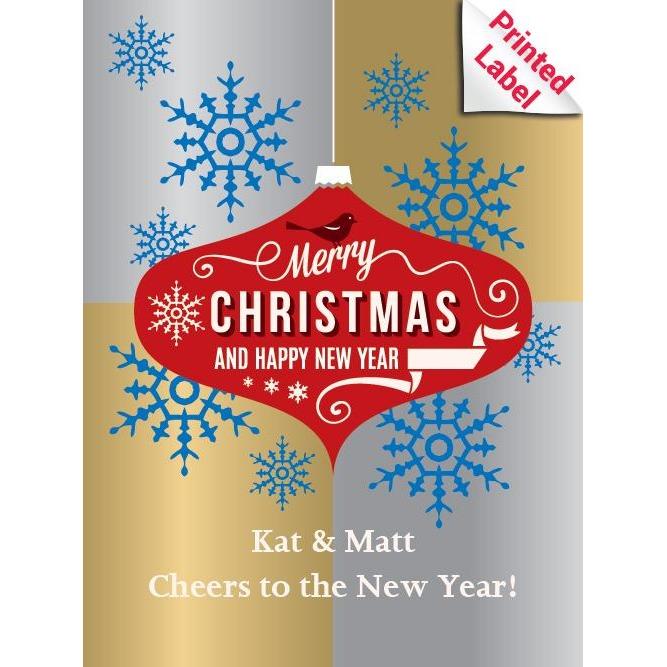 Christmas bulb design with Merry Christmas and Happy New Year champagne label by Etching Expressions