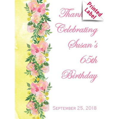 Floral bordered fancy custom text label on champagne bottle by Etching Expressions
