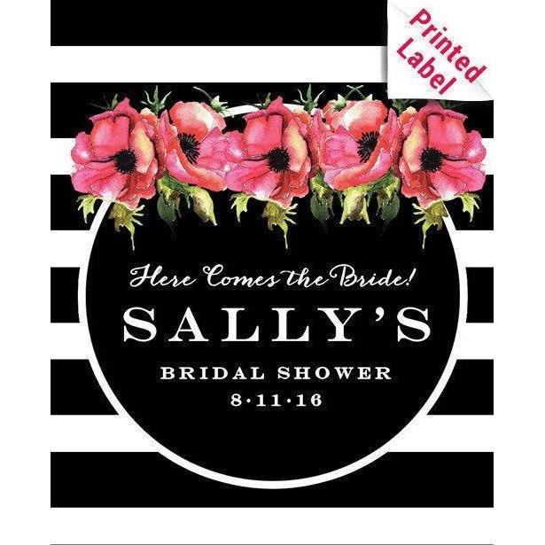 Pink flowers and black and white striped background custom label on red wine bottle wedding gift by Etching Expressions