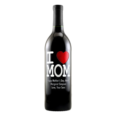 "I Heart Mom" custom etched wine bottle Mother's Day gift by Etching Expressions