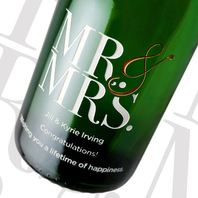 Mr & Mrs modern font personalized wedding gift for champagne drinkers by Etching Expressions