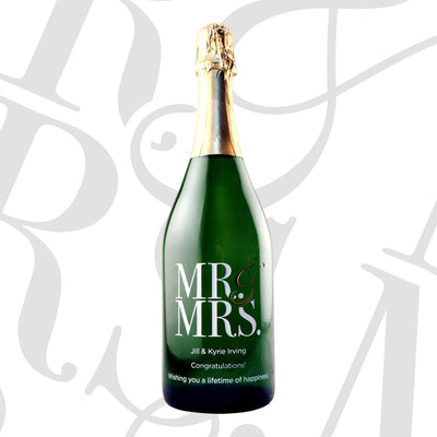 Mr & Mrs modern font custom etched champagne bottle wedding gift by Etching Expressions