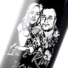 closeup of custom photo engraved wine bottle for anniversary present by Etching Expressions