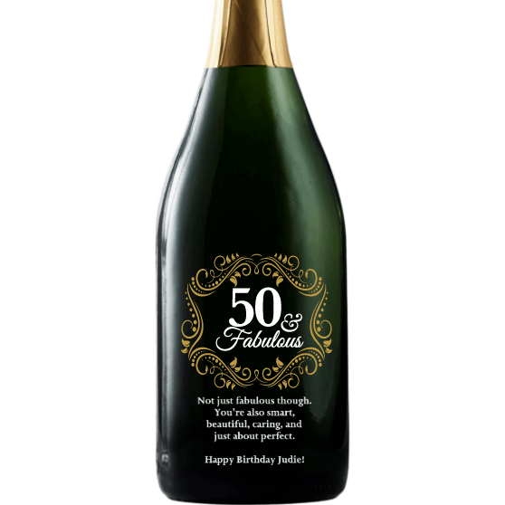 Fifty and Fabulous with golden filigree elegant custom champagne fiftieth birthday gift by Etching Expressions