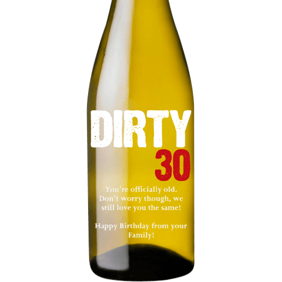 Dirty 30 personalized white wine bottle 30th birthday gift by Etching Expressions