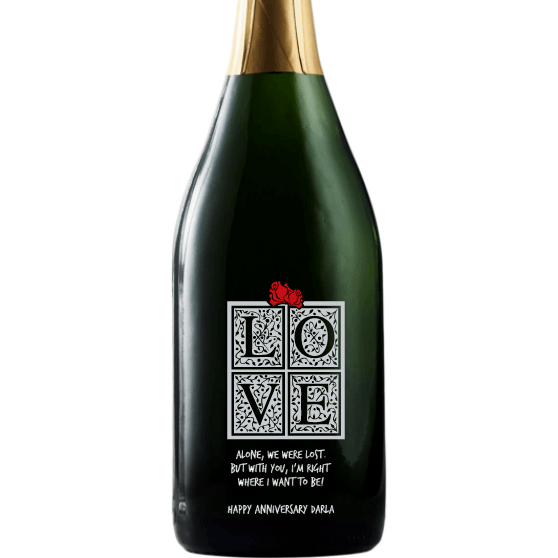 LOVE in a gift box custom etched champagne bottle by Etching Expressions