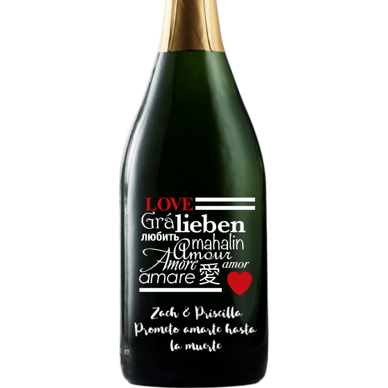 Love in many languages etched on a champagne bottle Valentine's Day gift by Etching Expressions
