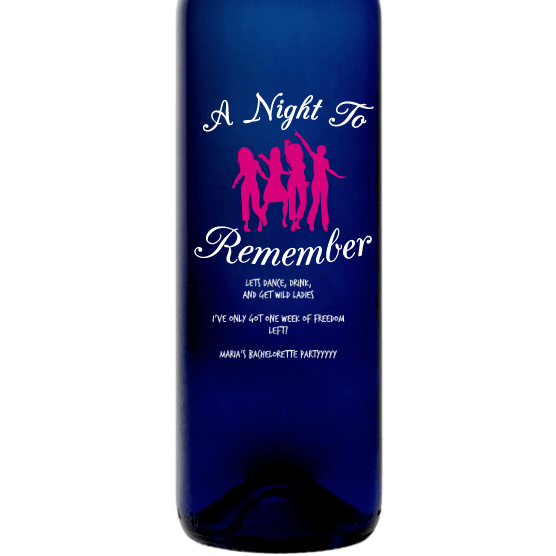 A Night to Remember girlfriends group custom blue wine bottle bachelorette party gift by Etching Expressions