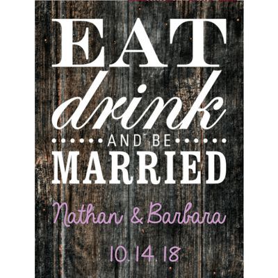 Eat Drink and Be Married blue bottle custom labeled wedding gift by Etching Expressions