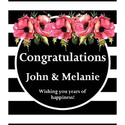 Pink flowers and black and white striped background custom label on blue wine bottle wedding gift by Etching Expressions
