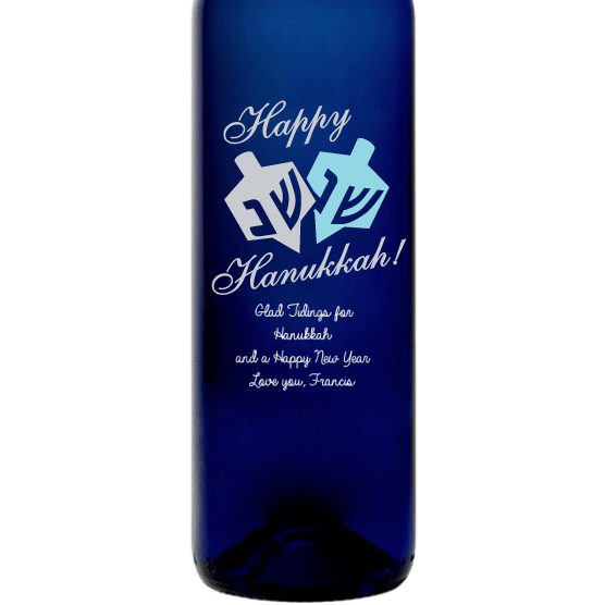 Happy Hanukkah Dreidel custom blue wine bottle by Etching Expressions