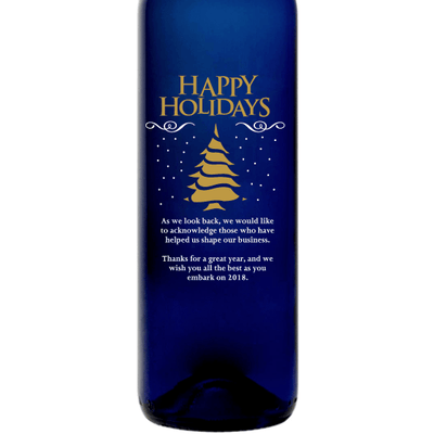 Happy Holidays Christmas Tree design on custom engraved blue wine Christmas gift by Etching Expressions