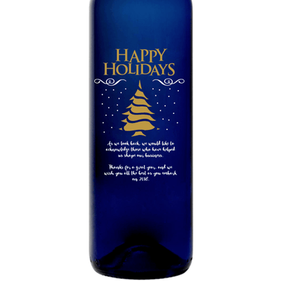 Happy Holidays Christmas Tree design on custom etched blue wine bottle by Etching Expressions