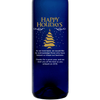 Happy Holidays Christmas Tree design on custom engraved blue wine bottle by Etching Expressions