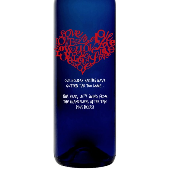 Heart of Love heart shaped etched design on blue wine bottle by Etching Expressions