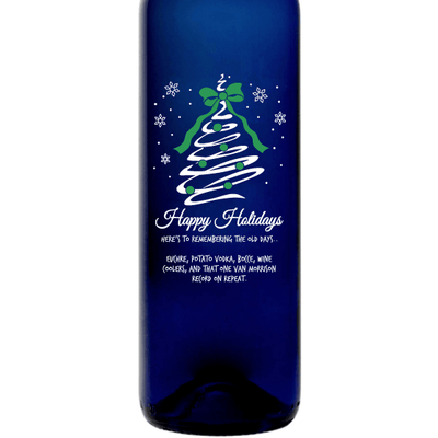 Happy Holidays Christmas Tree Swirl etched personalized blue bottle by Etching Expressions