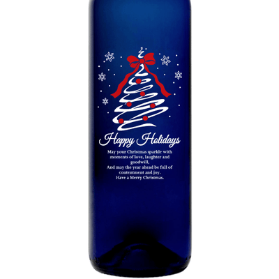 Happy Holidays Christmas Tree Swirl engraved custom blue wine bottle by Etching Expressions