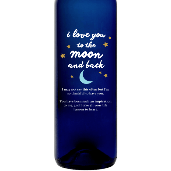 Personalized Etched Moscato Blue Bottle - Moon and Back Stars