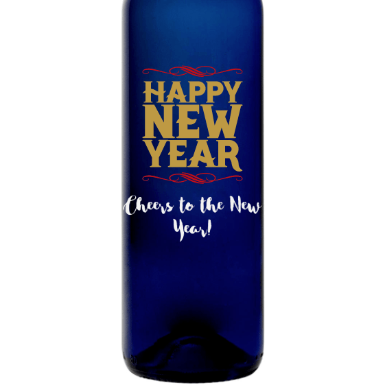 Happy New Year etched blue wine bottle by Etching Expressions