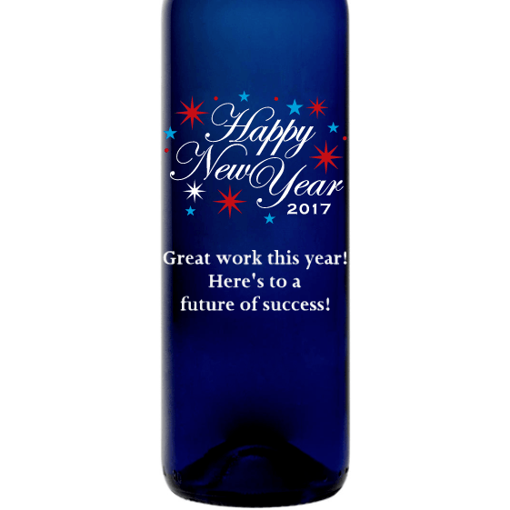 Happy New Year fireworks etched blue bottle gift by Etching Expressions