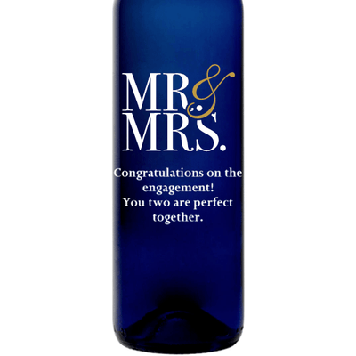 Mr & Mrs modern font custom etched blue wine bottle wedding gift by Etching Expressions