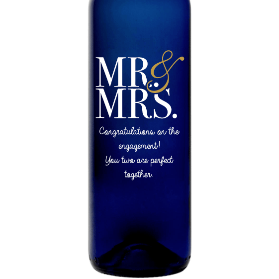 Mr & Mrs modern font custom etched blue wine bottle wedding gift by Etching Expressions