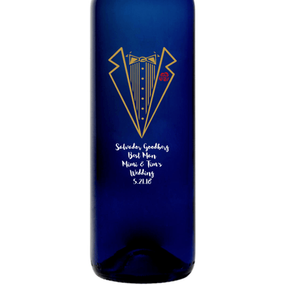 A classy tuxedo illustration custom engraved blue wine bottle wedding gift by Etching Expressions