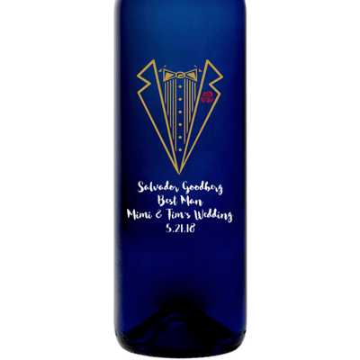 A classy tuxedo illustration etched blue wine bottle personalized wedding gift by Etching Expressions