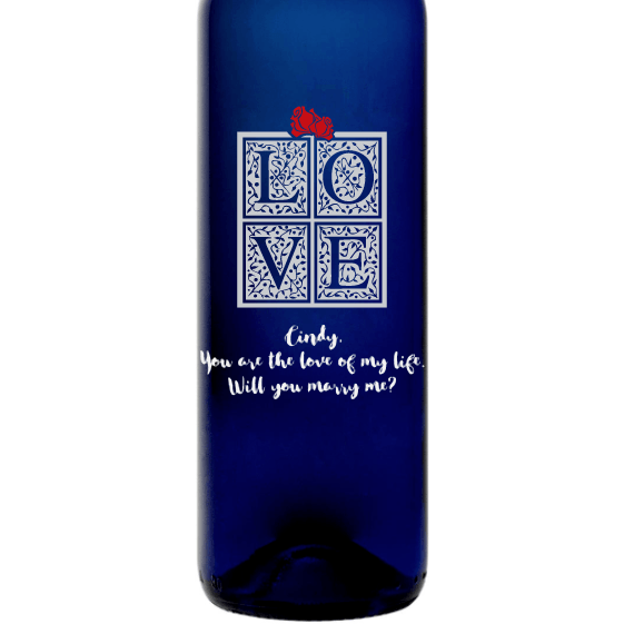 LOVE in a gift box custom etched blue wine bottle by Etching Expressions